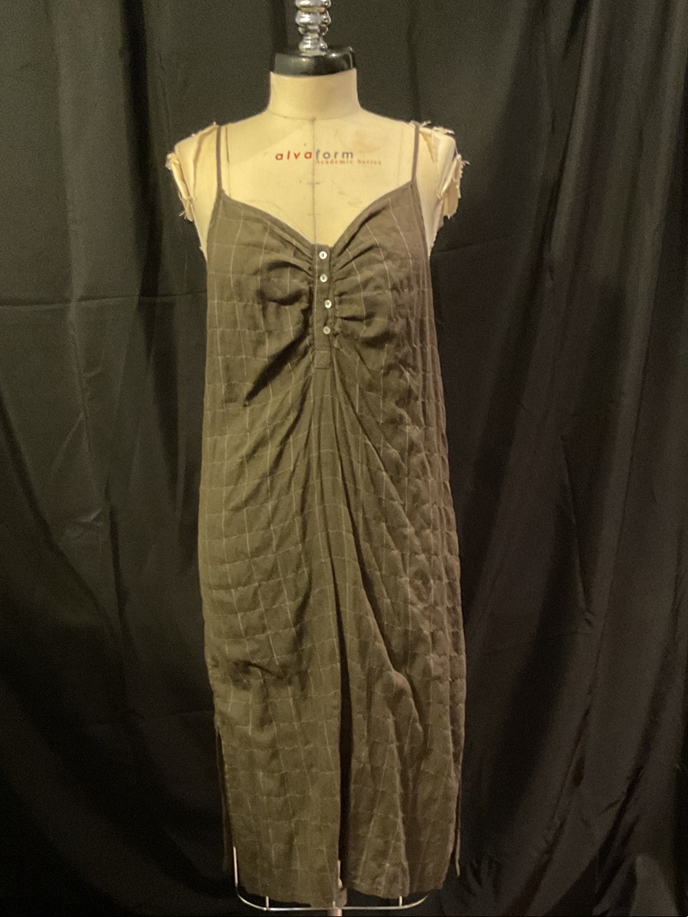 Sleeveless Olive Green Textured Midi Dress with Front Pleat